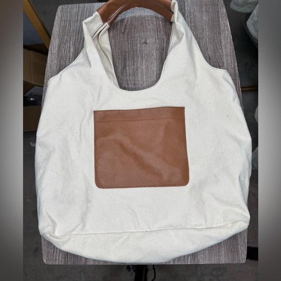 White Tote Bag with Brown Pocket - Picture 1 of 5
